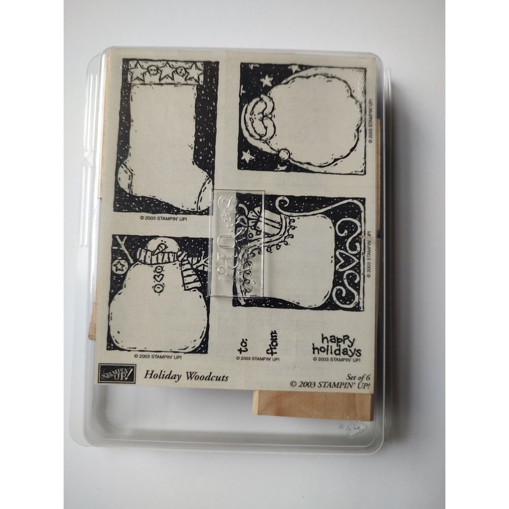 Set of 6 Stampin' Up! Holiday Woodcuts 2003 Stocking Santa Snowman Sleigh